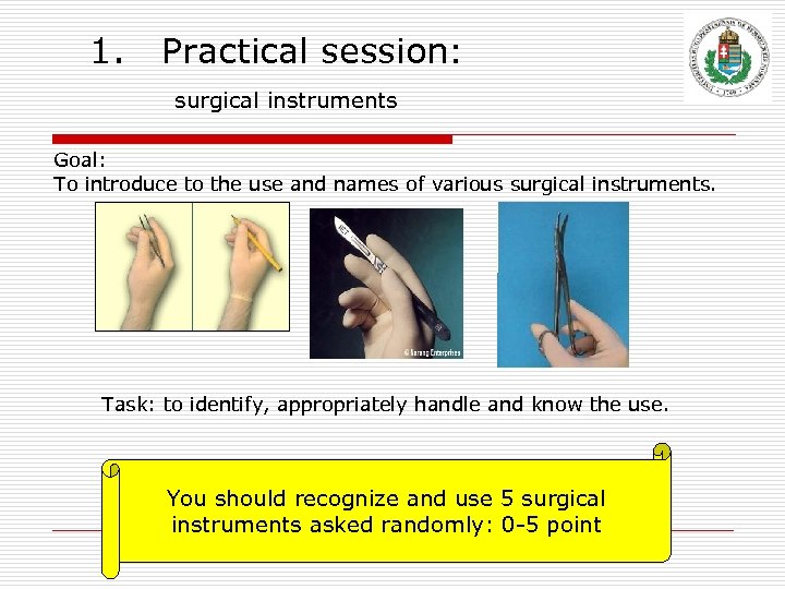 1. Practical session: surgical instruments Goal: To introduce to the use and names of