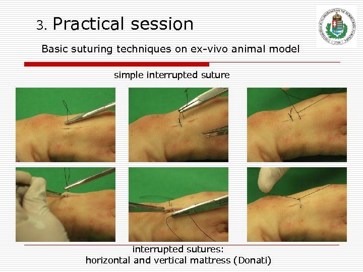 3. Practical session Basic suturing techniques on ex-vivo animal model simple interrupted sutures: horizontal