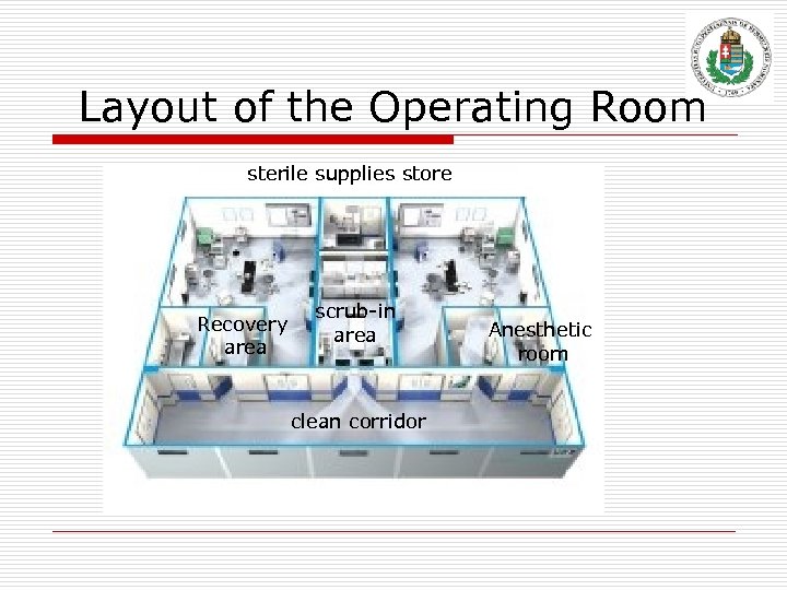 Layout of the Operating Room sterile supplies store Recovery area scrub-in area clean corridor