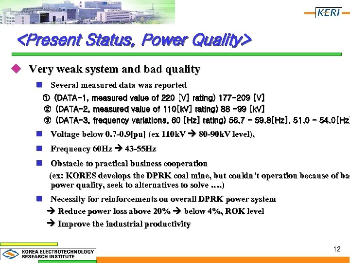 <Present Status, Power Quality> u Very weak system and bad quality n Several measured