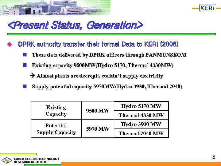 <Present Status, Generation> u DPRK authority transfer their formal Data to KERI (2006) n