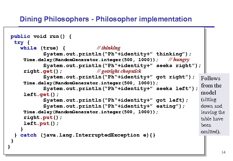Dining Philosophers - Philosopher implementation public void run() { try { while (true) {