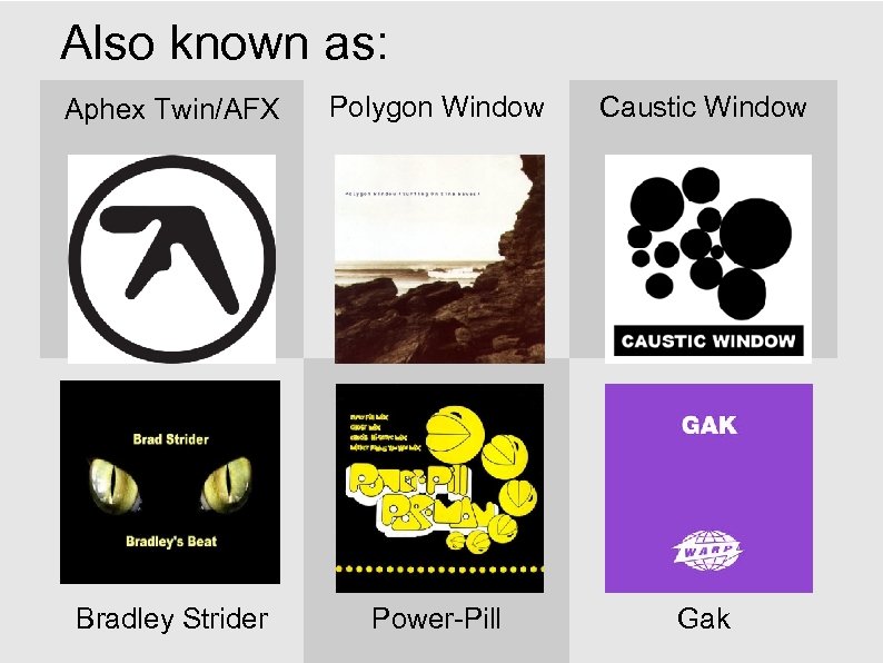 Also known as: Aphex Twin/AFX Polygon Window Caustic Window Bradley Strider Power-Pill Gak 