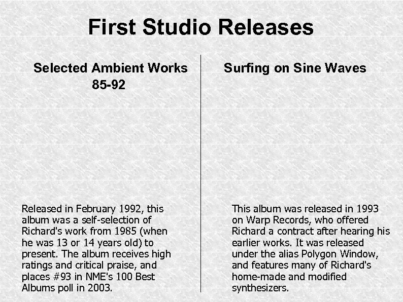 First Studio Releases Selected Ambient Works 85 -92 Released in February 1992, this album