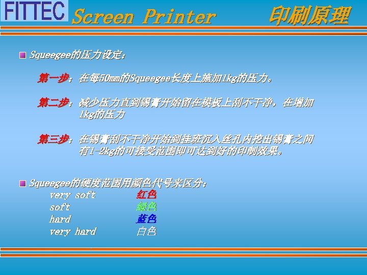 Screen Printer 印刷原理 Squeegee的压力设定： 第一步：在每 50 mm的Squeegee长度上施加 1 kg的压力。 第二步：减少压力直到锡膏开始留在模板上刮不干净，在增加 1 kg的压力 第三步：在锡膏刮不干净开始到挂班沉入丝孔内挖出锡膏之间 有1