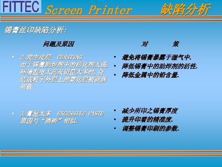 缺陷分析 Screen Printer 锡膏丝印缺陷分析: 问题及原因 对 策 • 2. 发生皮层 CURSTING • 避免将锡膏暴露于湿气中. 由于锡膏助焊剂中的活化剂太强,