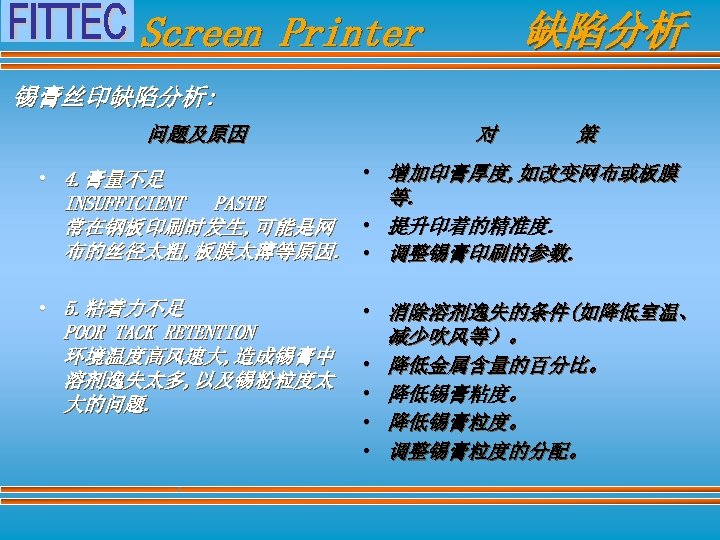 缺陷分析 Screen Printer 锡膏丝印缺陷分析: 问题及原因 对 策 • 增加印膏厚度, 如改变网布或板膜 • 4. 膏量不足 等.