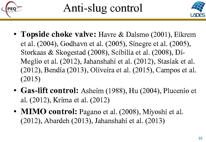 Anti-slug control • Topside choke valve: Havre & Dalsmo (2001), Eikrem et al. (2004),