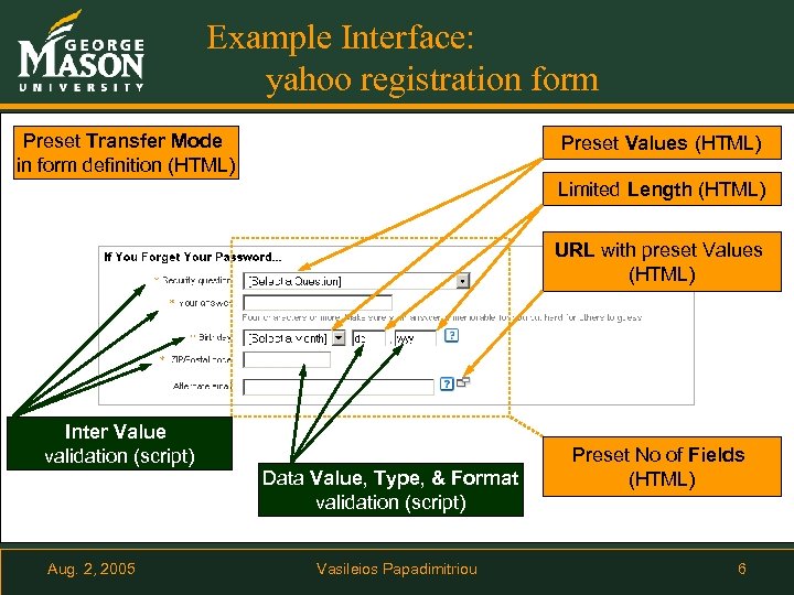 Example Interface: yahoo registration form Preset Transfer Mode in form definition (HTML) Preset Values