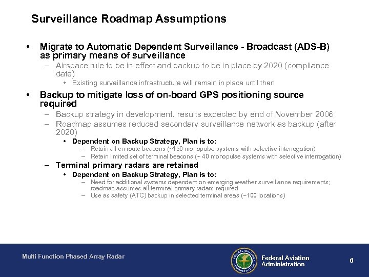 Surveillance Roadmap Assumptions • Migrate to Automatic Dependent Surveillance - Broadcast (ADS-B) as primary