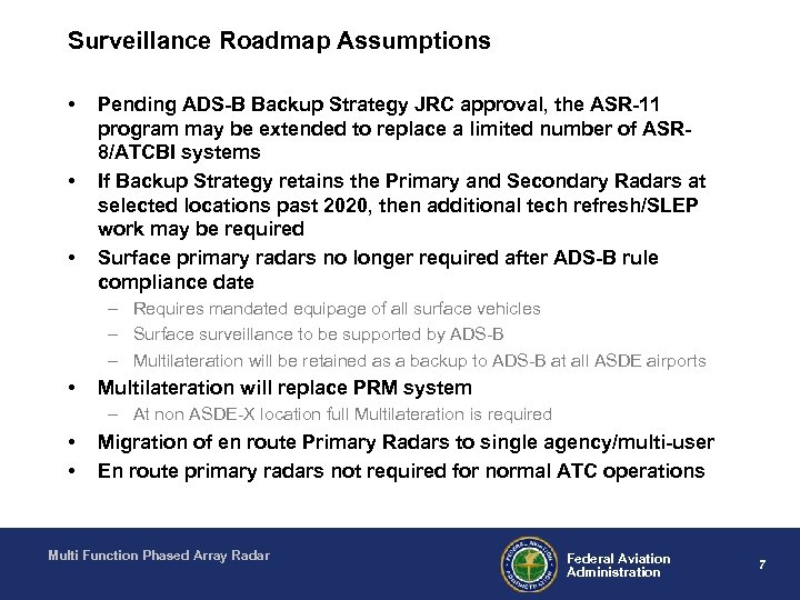 Surveillance Roadmap Assumptions • • • Pending ADS-B Backup Strategy JRC approval, the ASR-11