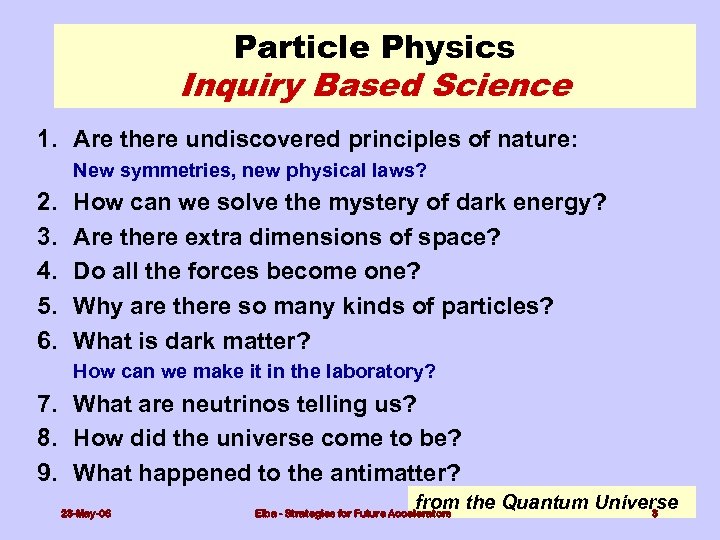 Particle Physics Inquiry Based Science 1. Are there undiscovered principles of nature: New symmetries,
