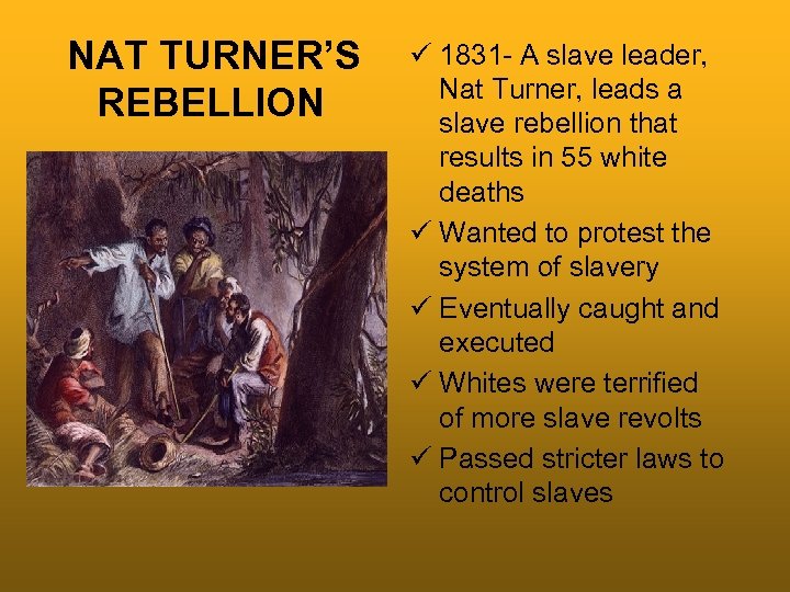 NAT TURNER’S REBELLION ü 1831 - A slave leader, Nat Turner, leads a slave