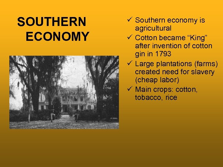SOUTHERN ECONOMY ü Southern economy is agricultural ü Cotton became “King” after invention of
