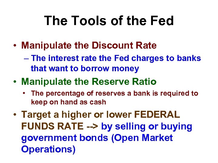 The Tools of the Fed • Manipulate the Discount Rate – The interest rate