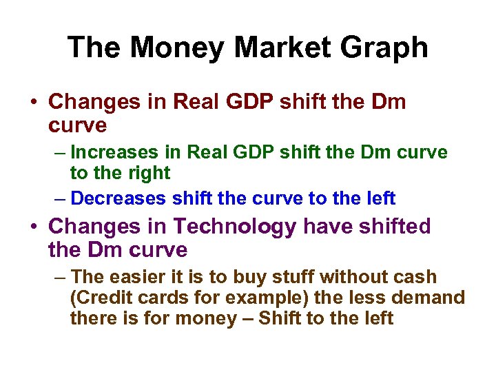 The Money Market Graph • Changes in Real GDP shift the Dm curve –