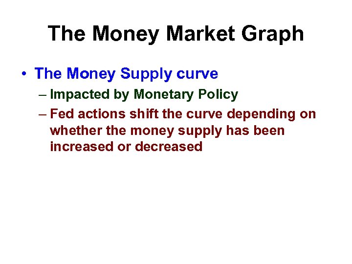 The Money Market Graph • The Money Supply curve – Impacted by Monetary Policy