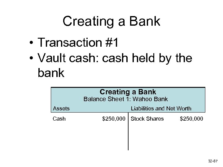 Creating a Bank • Transaction #1 • Vault cash: cash held by the bank