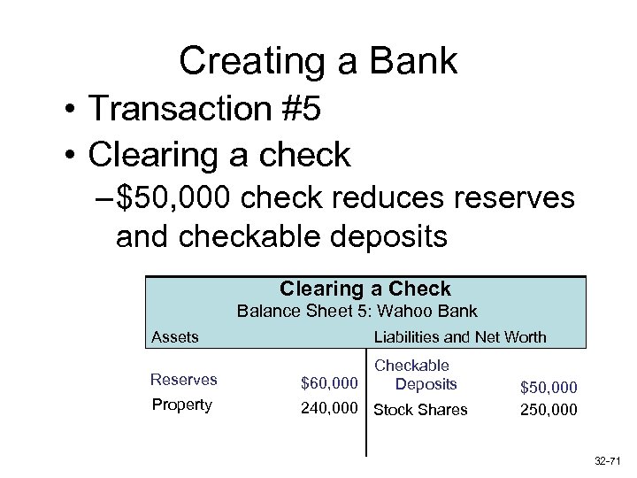 Creating a Bank • Transaction #5 • Clearing a check – $50, 000 check