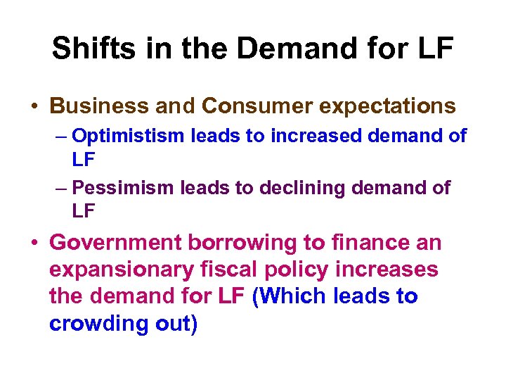 Shifts in the Demand for LF • Business and Consumer expectations – Optimistism leads