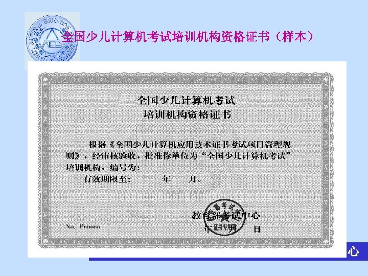 全国少儿计算机考试培训机构资格证书（样本） 江苏省自学考试办公室、江苏省NIT技术服务中心 