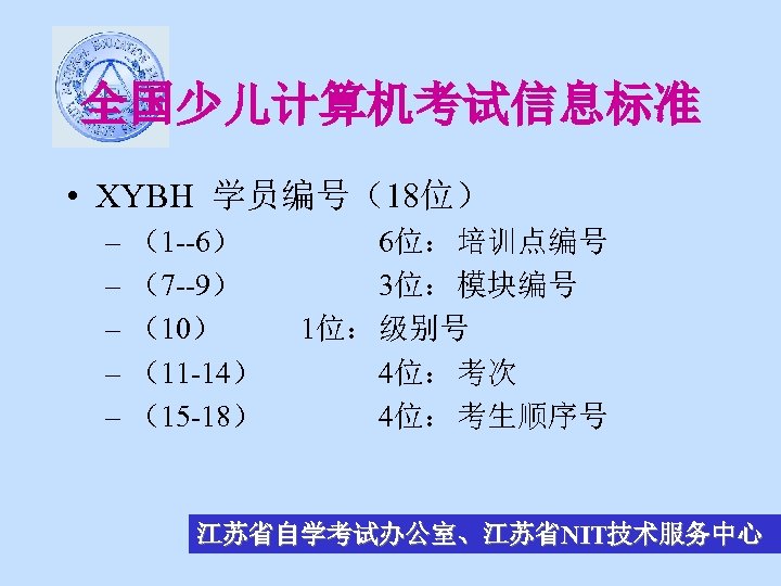 全国少儿计算机考试信息标准 • XYBH 学员编号（18位） – （1 --6） – （7 --9） – （10） – （11