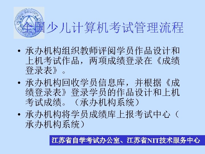 全国少儿计算机考试管理流程 • 承办机构组织教师评阅学员作品设计和 上机考试作品，两项成绩登录在《成绩 登录表》。 • 承办机构回收学员信息库，并根据《成 绩登录表》登录学员的作品设计和上机 考试成绩。（承办机构系统） • 承办机构将学员成绩库上报考试中心（ 承办机构系统） 江苏省自学考试办公室、江苏省NIT技术服务中心 
