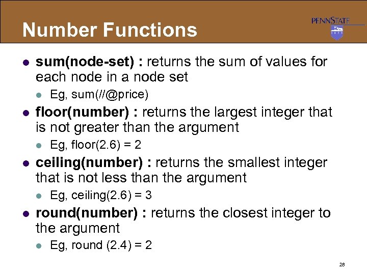 Number Functions l sum(node-set) : returns the sum of values for each node in