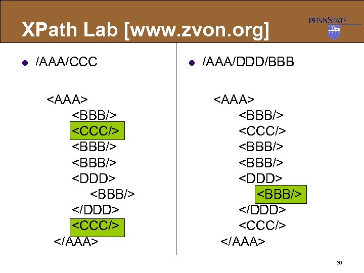 XPath Lab [www. zvon. org] l /AAA/CCC <AAA> <BBB/> <CCC/> <BBB/> <DDD> <BBB/> </DDD>