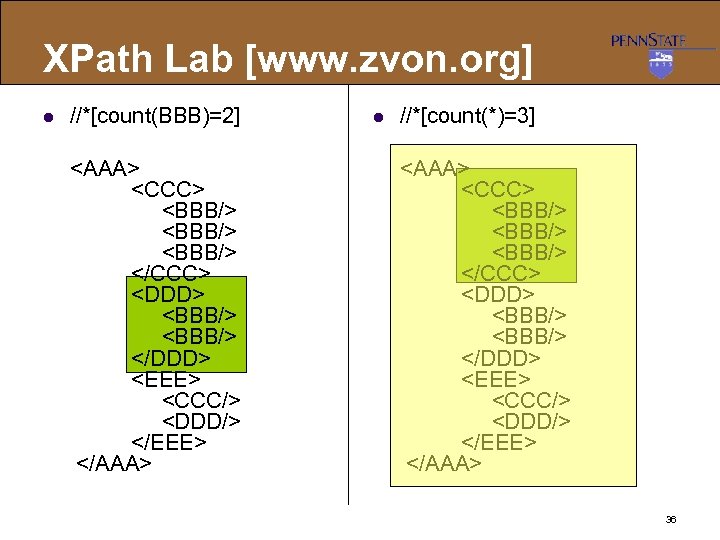 XPath Lab [www. zvon. org] l //*[count(BBB)=2] <AAA> <CCC> <BBB/> </CCC> <DDD> <BBB/> </DDD>