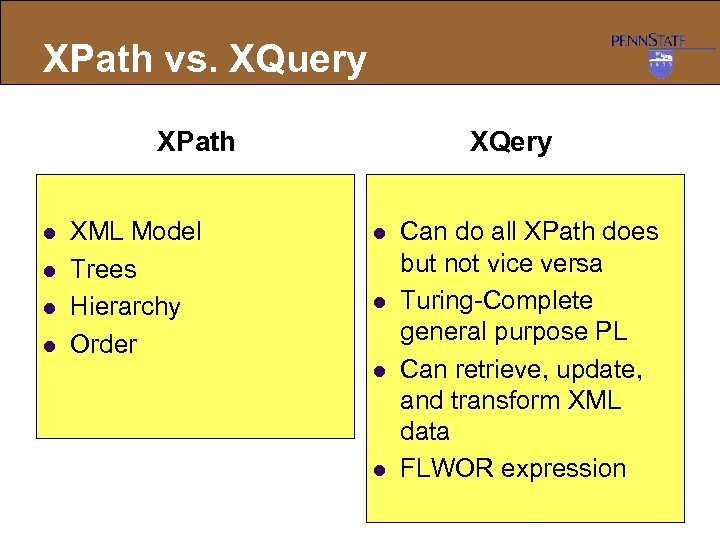 XPath vs. XQuery XPath l l XML Model Trees Hierarchy Order XQery l l