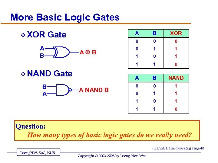 More Basic Logic Gates v XOR Gate A NAND B 0 1 1 1