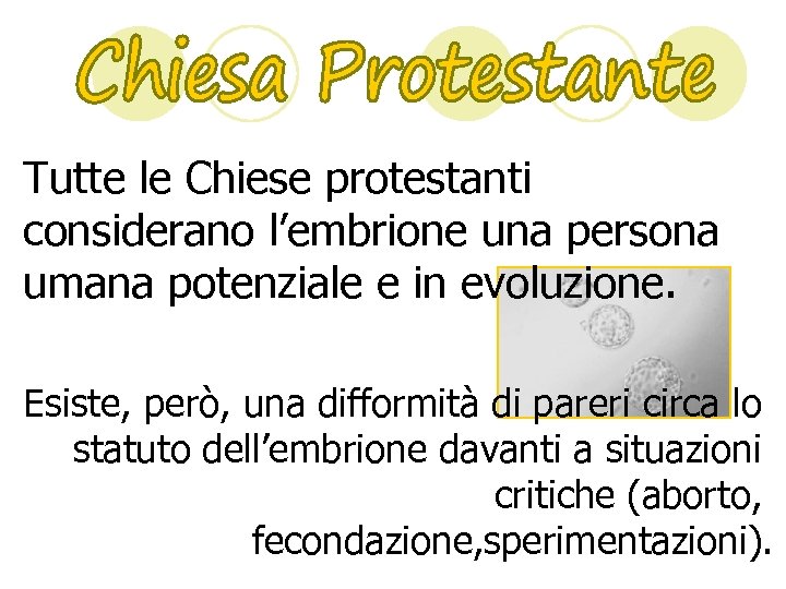 Tutte le Chiese protestanti considerano l’embrione una persona umana potenziale e in evoluzione. Esiste,
