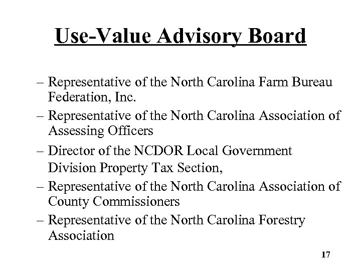 Use-Value Advisory Board – Representative of the North Carolina Farm Bureau Federation, Inc. –