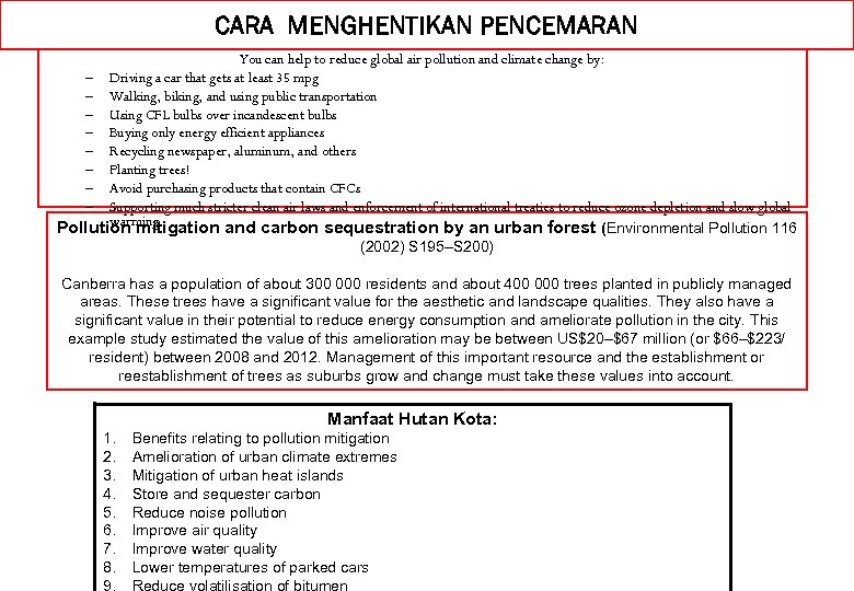 CARA MENGHENTIKAN PENCEMARAN You can help to reduce global air pollution and climate change