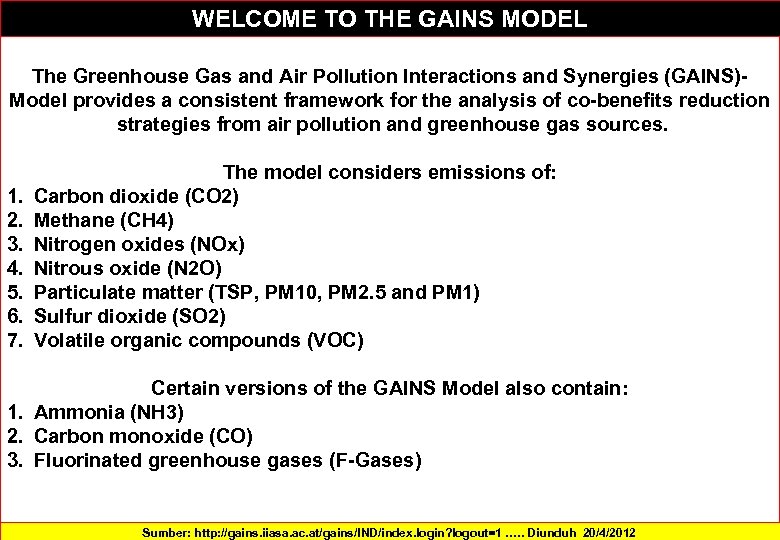 WELCOME TO THE GAINS MODEL The Greenhouse Gas and Air Pollution Interactions and Synergies