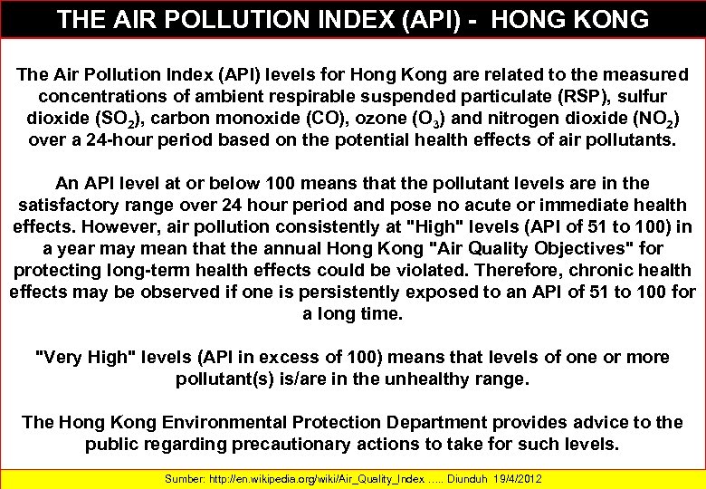 THE AIR POLLUTION INDEX (API) - HONG KONG The Air Pollution Index (API) levels