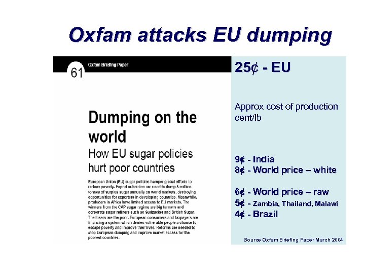 Oxfam attacks EU dumping 25¢ - EU Approx cost of production cent/lb 9¢ -