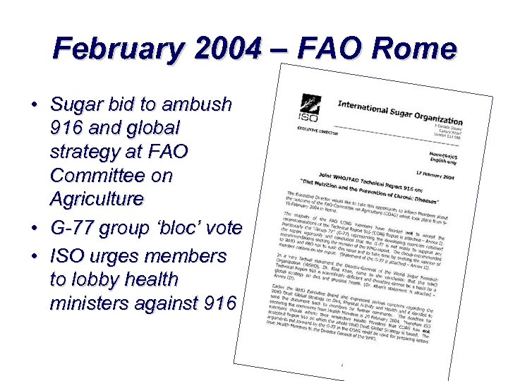 February 2004 – FAO Rome • Sugar bid to ambush 916 and global strategy