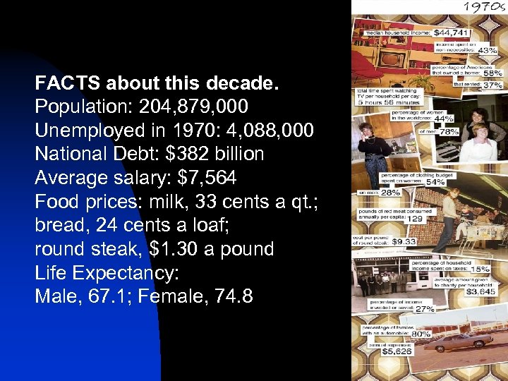 FACTS about this decade. Population: 204, 879, 000 Unemployed in 1970: 4, 088, 000