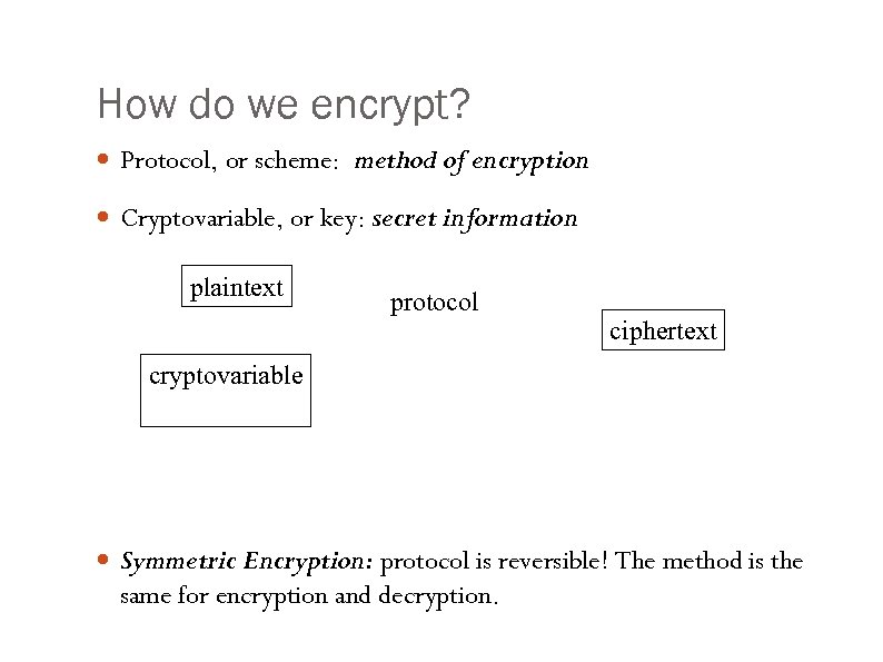 How do we encrypt? Protocol, or scheme: method of encryption Cryptovariable, or key: secret