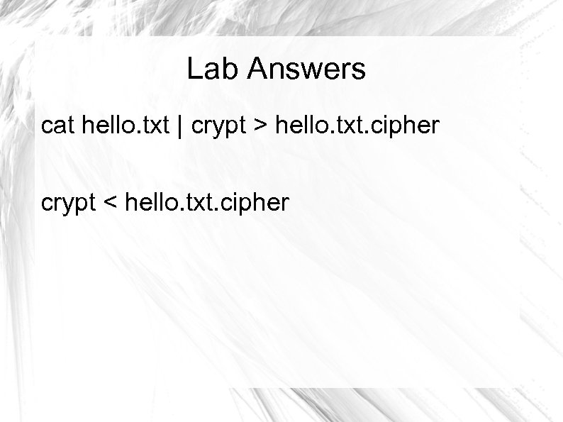 Lab Answers cat hello. txt | crypt > hello. txt. cipher crypt < hello.