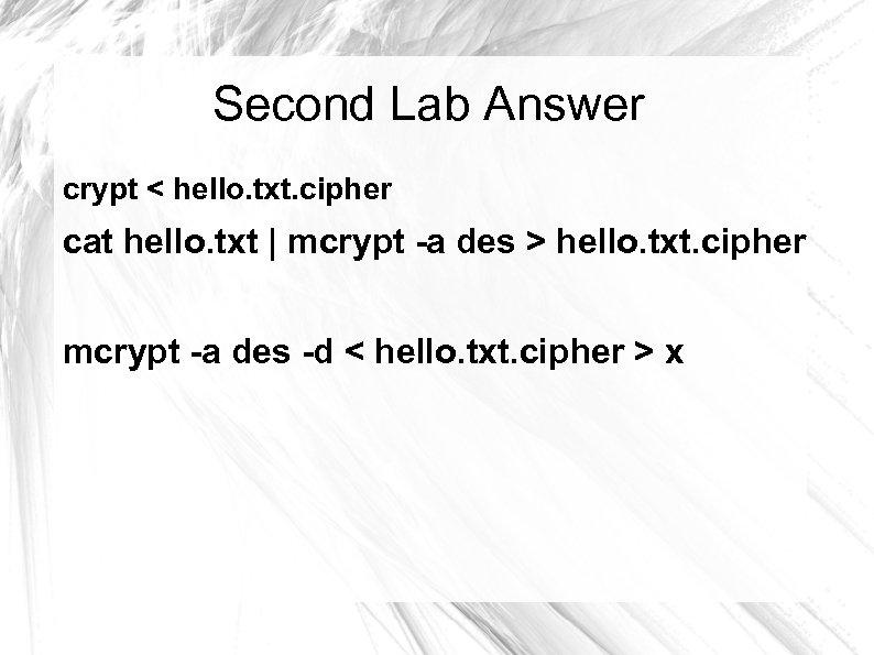 Second Lab Answer crypt < hello. txt. cipher cat hello. txt | mcrypt -a