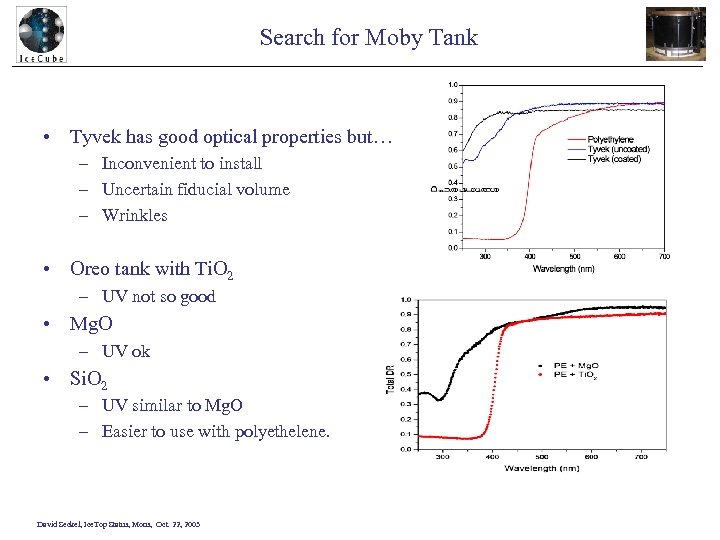 Search for Moby Tank • Tyvek has good optical properties but… – Inconvenient to