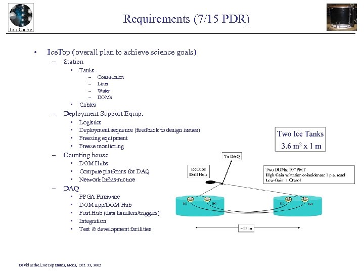 Requirements (7/15 PDR) • Ice. Top (overall plan to achieve science goals) – Station