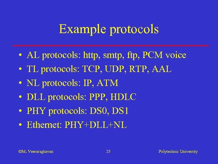 Example protocols • • • AL protocols: http, smtp, ftp, PCM voice TL protocols: