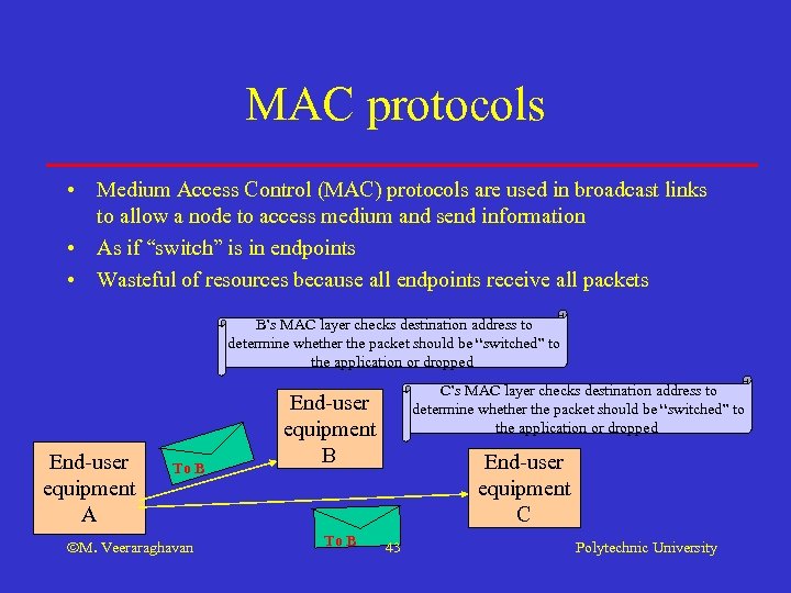 MAC protocols • Medium Access Control (MAC) protocols are used in broadcast links to