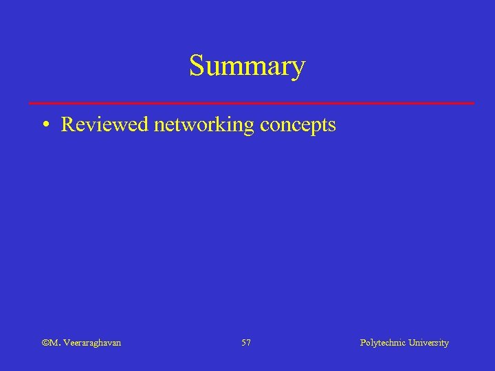 Summary • Reviewed networking concepts M. Veeraraghavan 57 Polytechnic University 