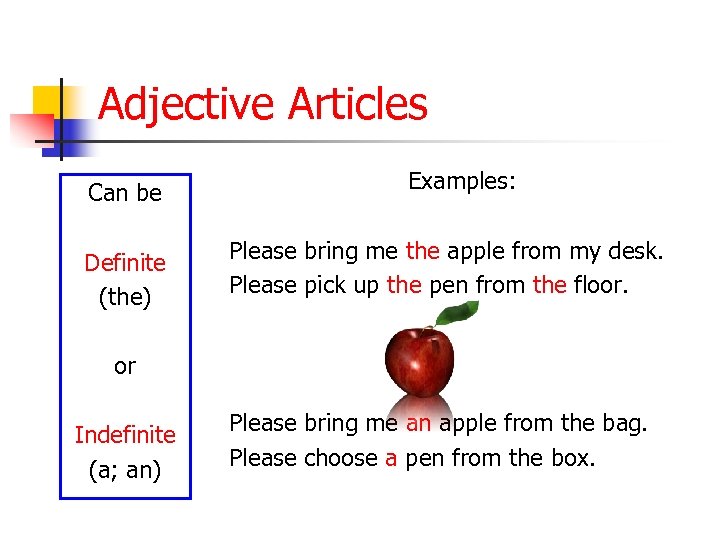 Adjective Articles Can be Definite (the) Examples: Please bring me the apple from my