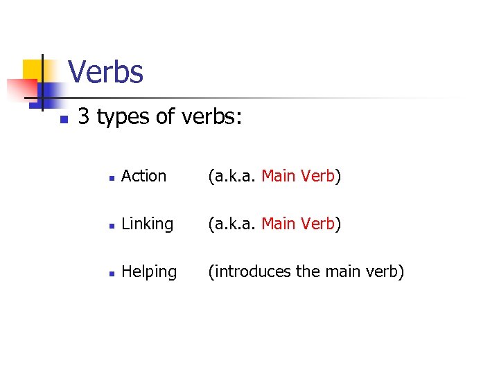 Verbs n 3 types of verbs: n Action (a. k. a. Main Verb) n